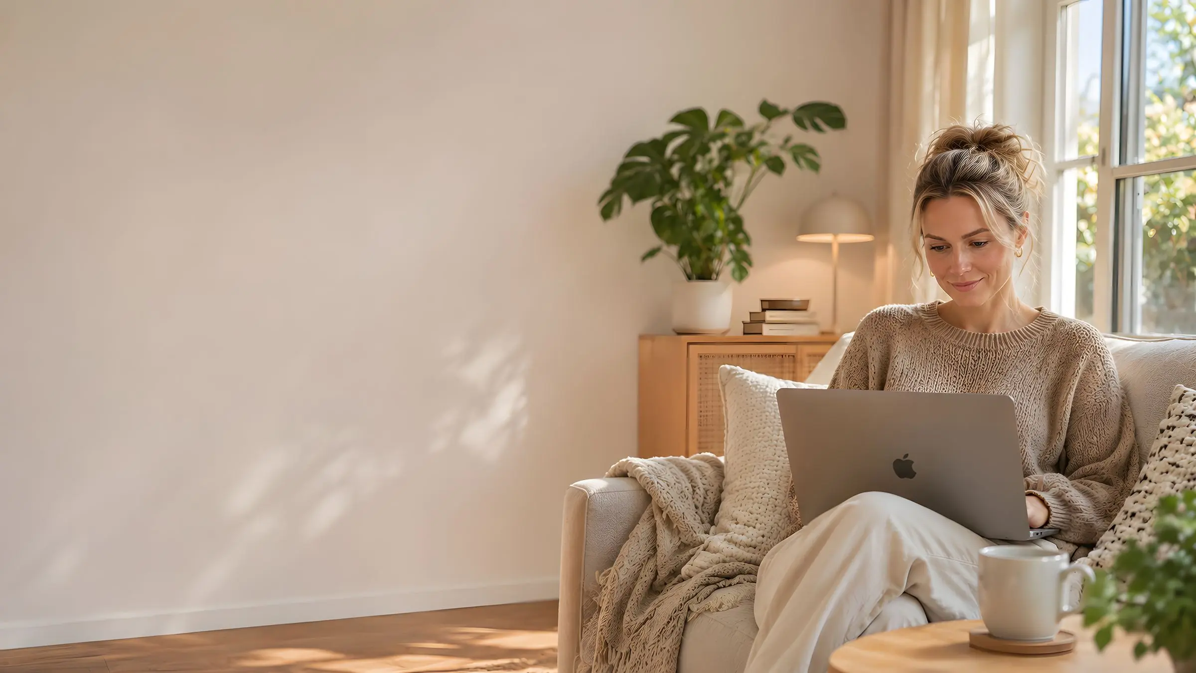 Vrouw werkt ontspannen op haar laptop op de bank
